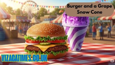 burger and a grape snow cone