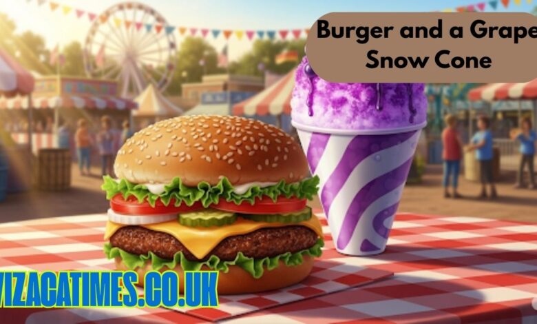 burger and a grape snow cone